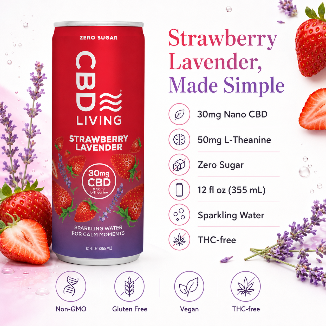 CBD Sparkling Water Strawberry Lavender - 12 pack