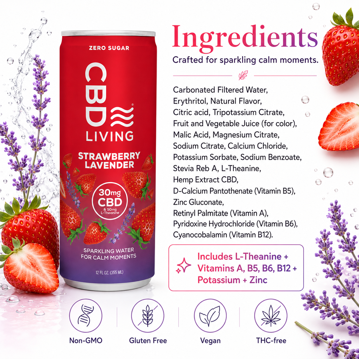 CBD Sparkling Water Strawberry Lavender - 12 pack