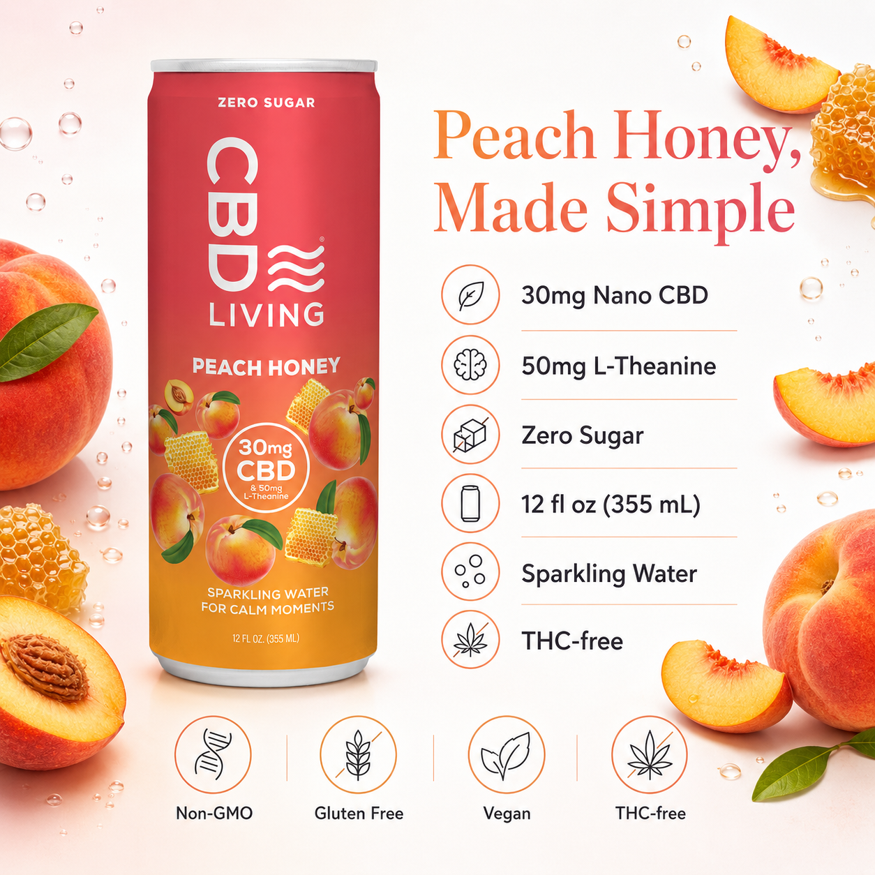 CBD Sparkling Water Peach Honey - 12 pack