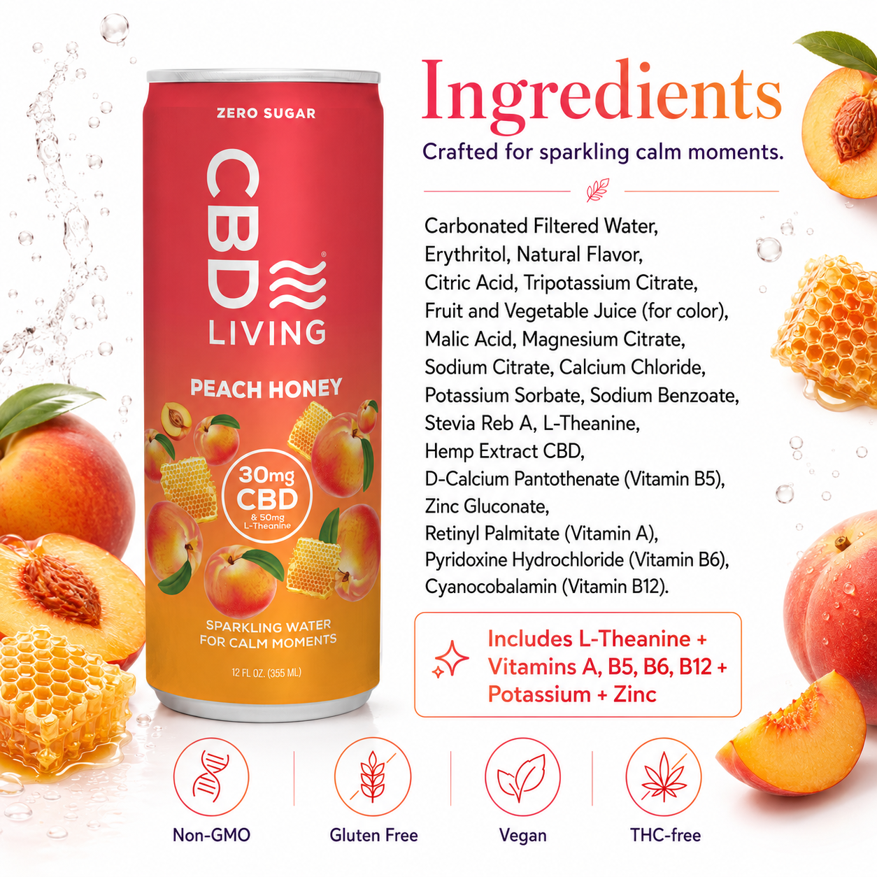 CBD Sparkling Water Peach Honey - 12 pack