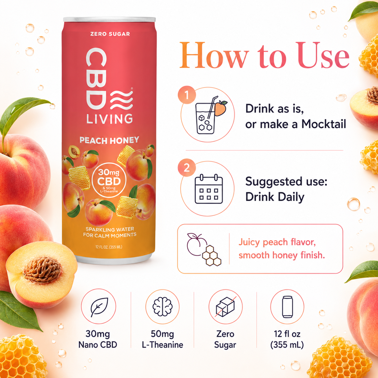 CBD Sparkling Water Peach Honey - 12 pack