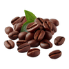 a pile of coffee beans with leaves