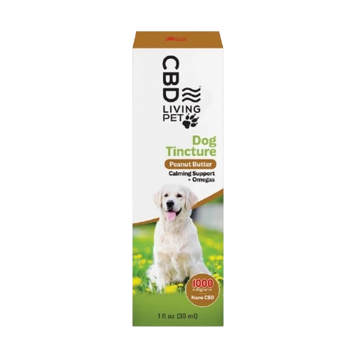 CBD Living 1000mg peanut butter flavored dog calming tincture bottle with a golden retriever on the label