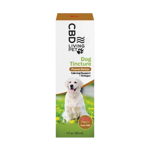 CBD Living 1000mg peanut butter flavored dog calming tincture bottle with a golden retriever on the label