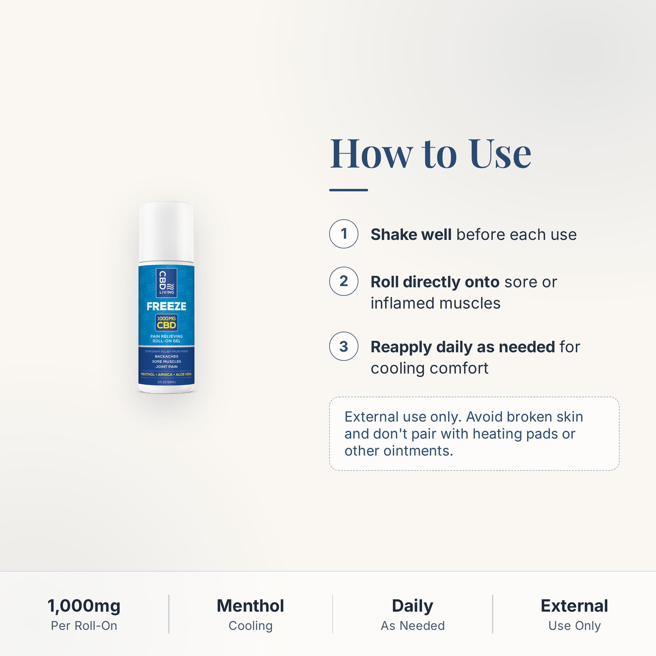 CBD Living Freeze Roll-On 1000mg how to use card with step-by-step directions
