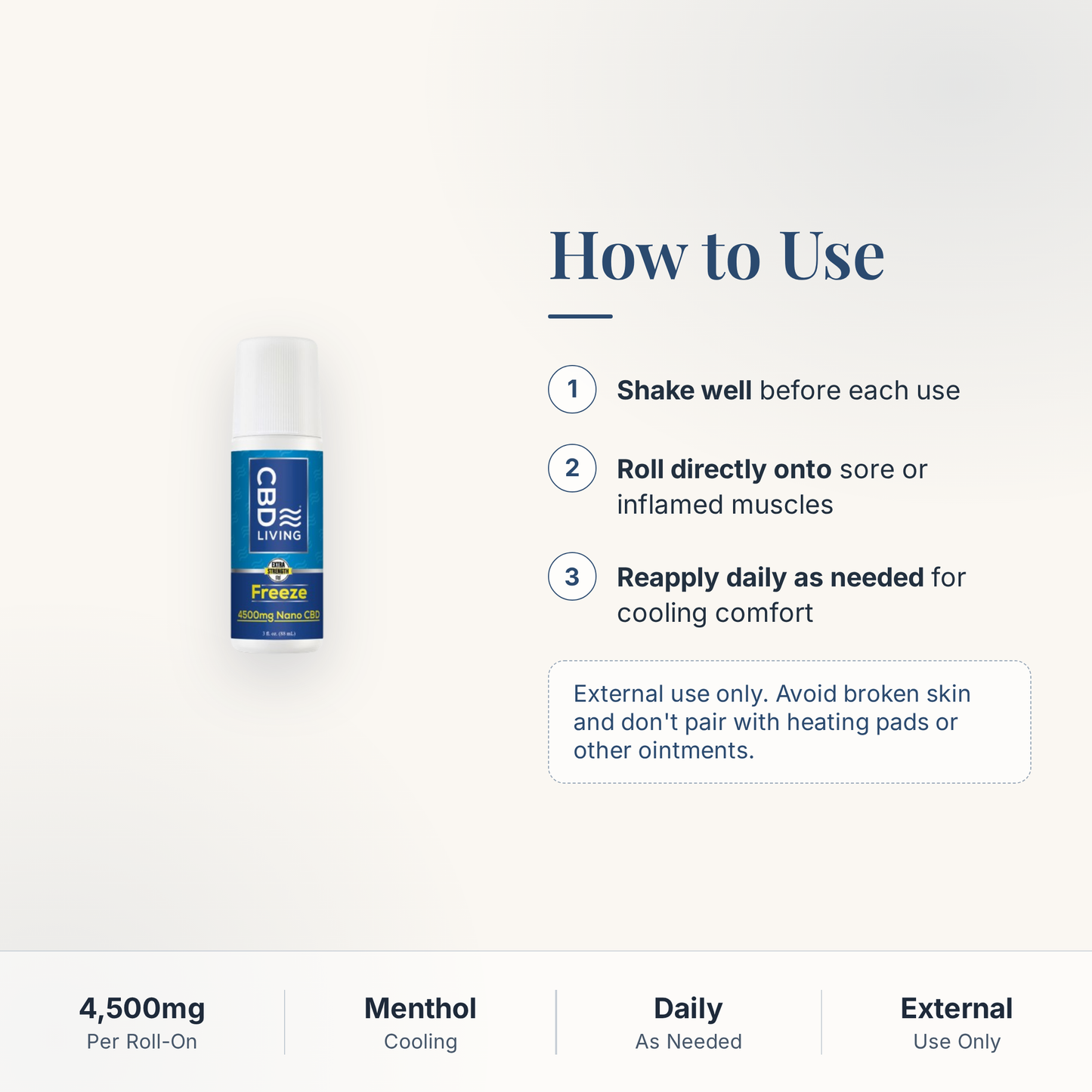 CBD Living Freeze Roll-On 4500mg how to use card with step-by-step directions