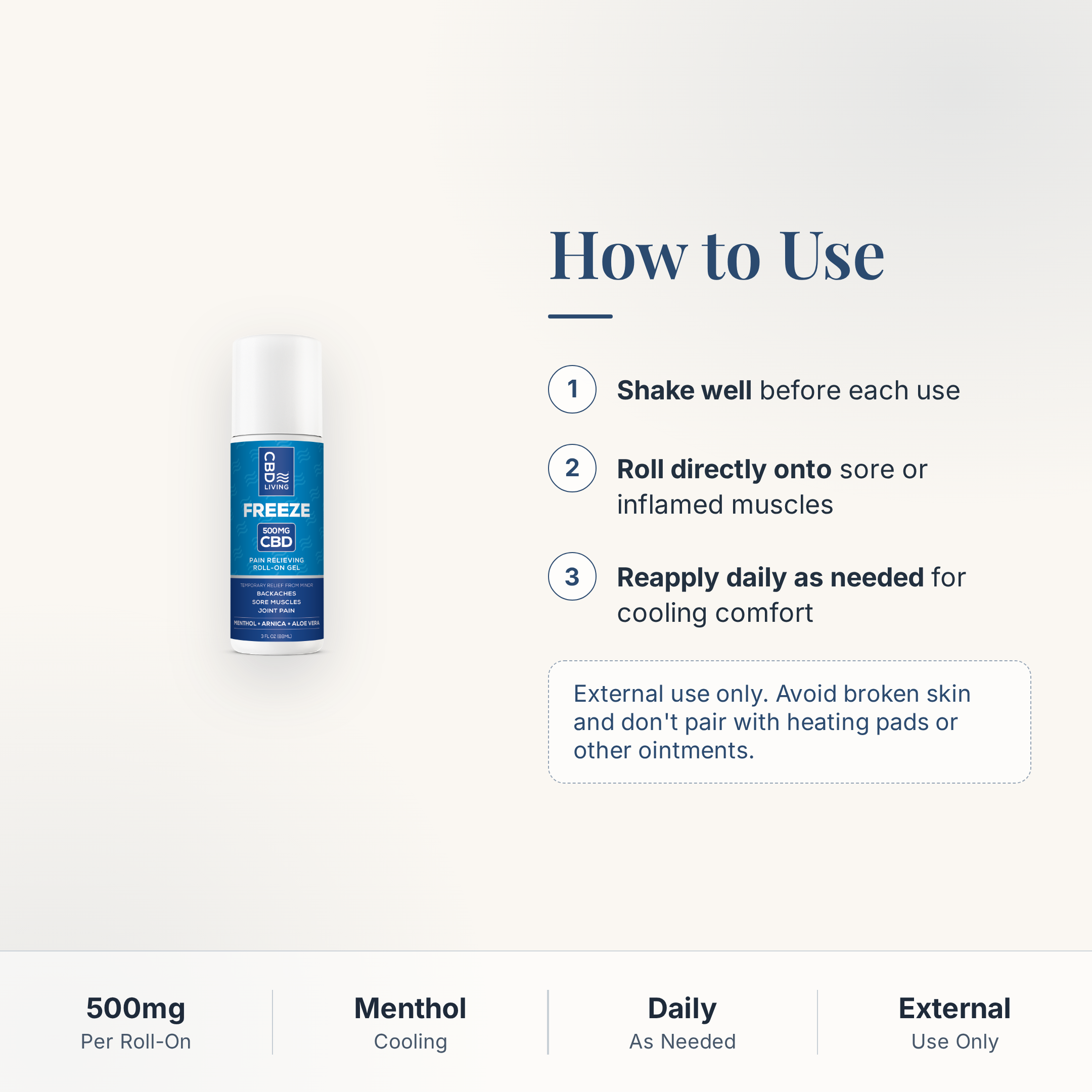 CBD Living Freeze Roll-On 500mg how to use card with step-by-step directions