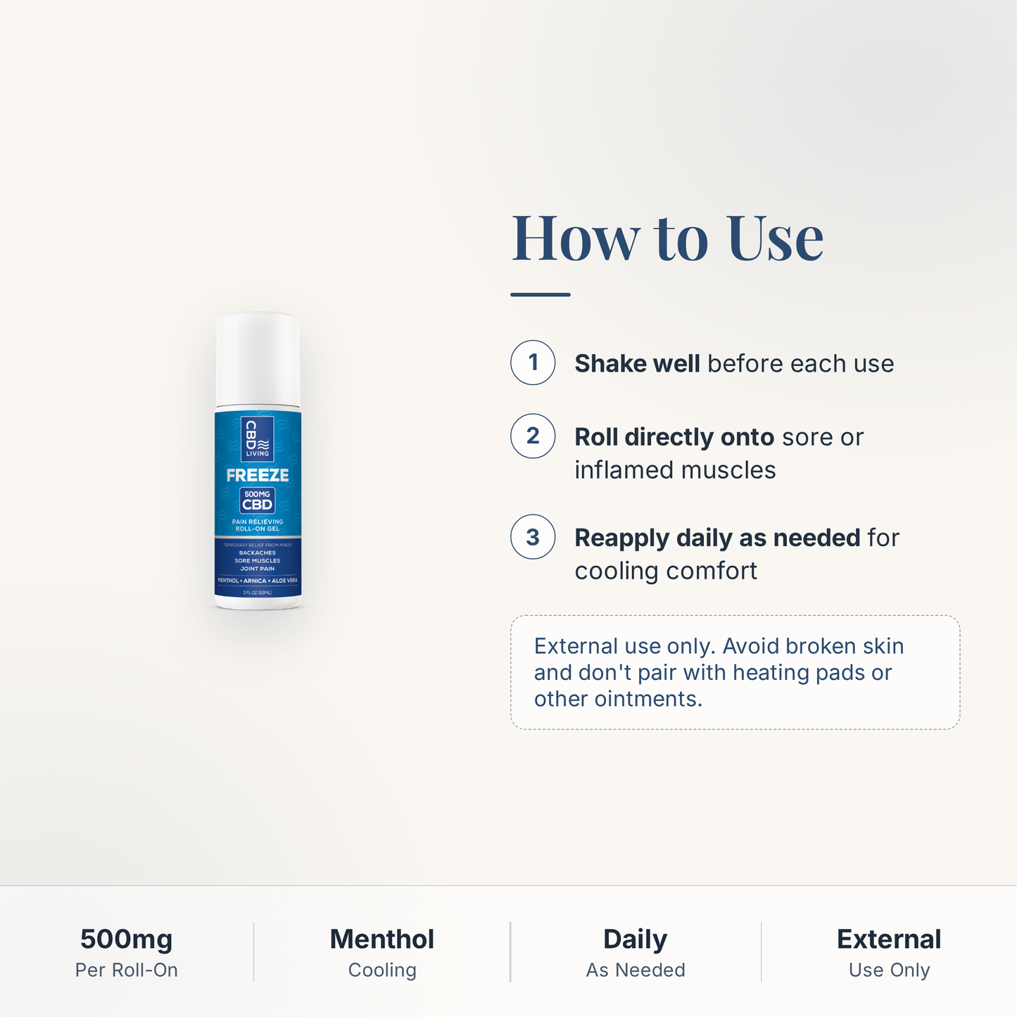 CBD Living Freeze Roll-On 500mg how to use card with step-by-step directions