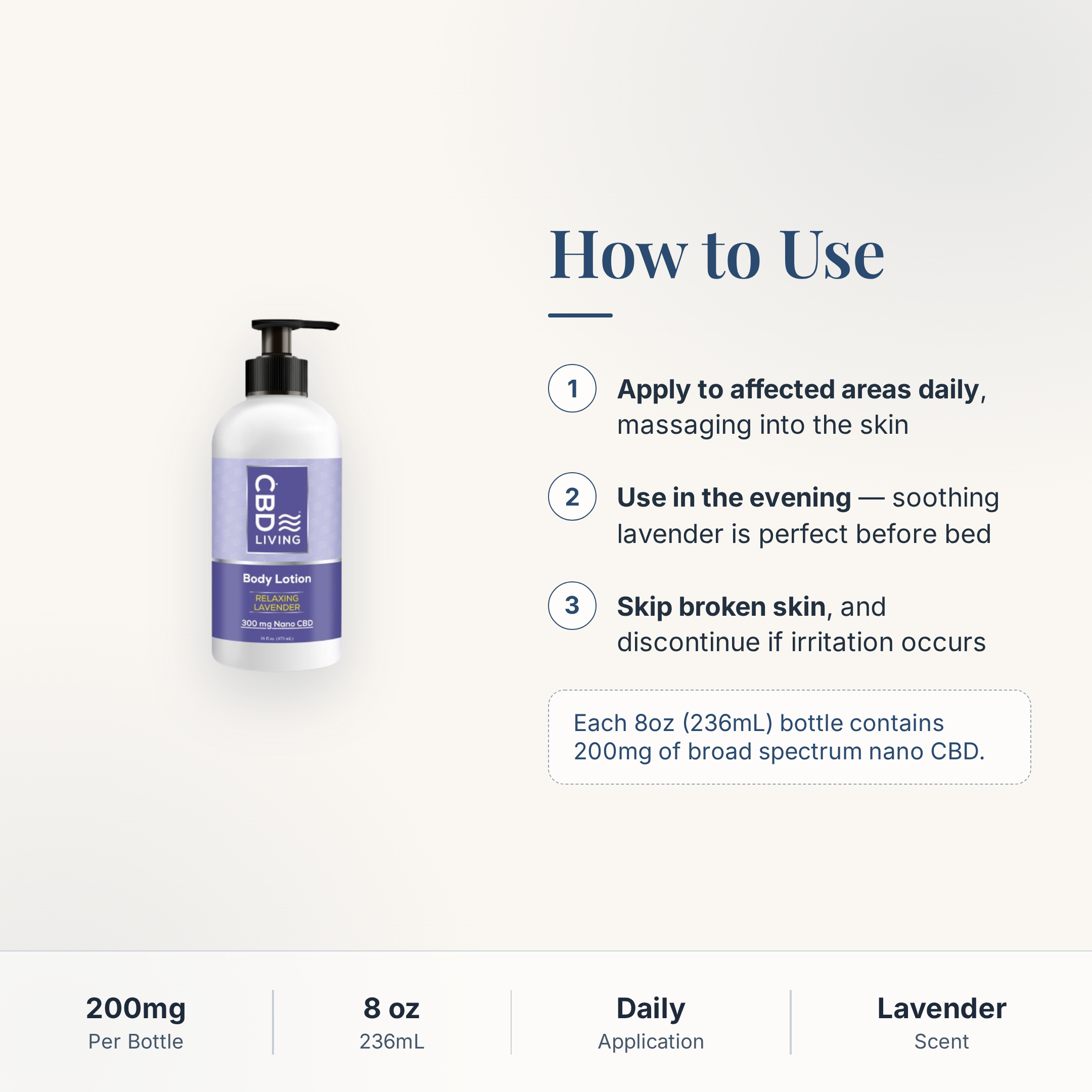 CBD Living Body Lotion Relaxing Lavender how to use card with step-by-step directions