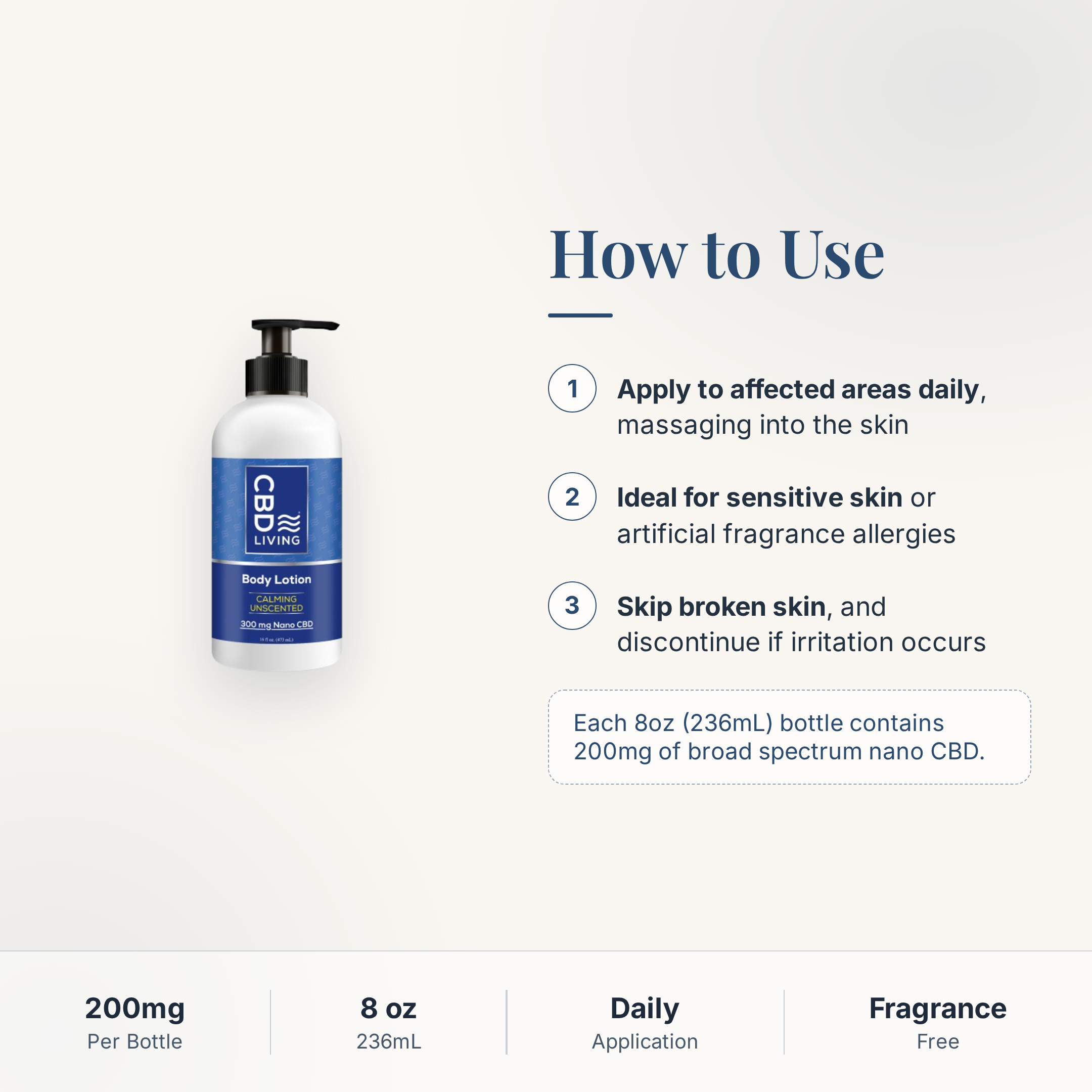 CBD Living Body Lotion Unscented how to use card with step-by-step directions