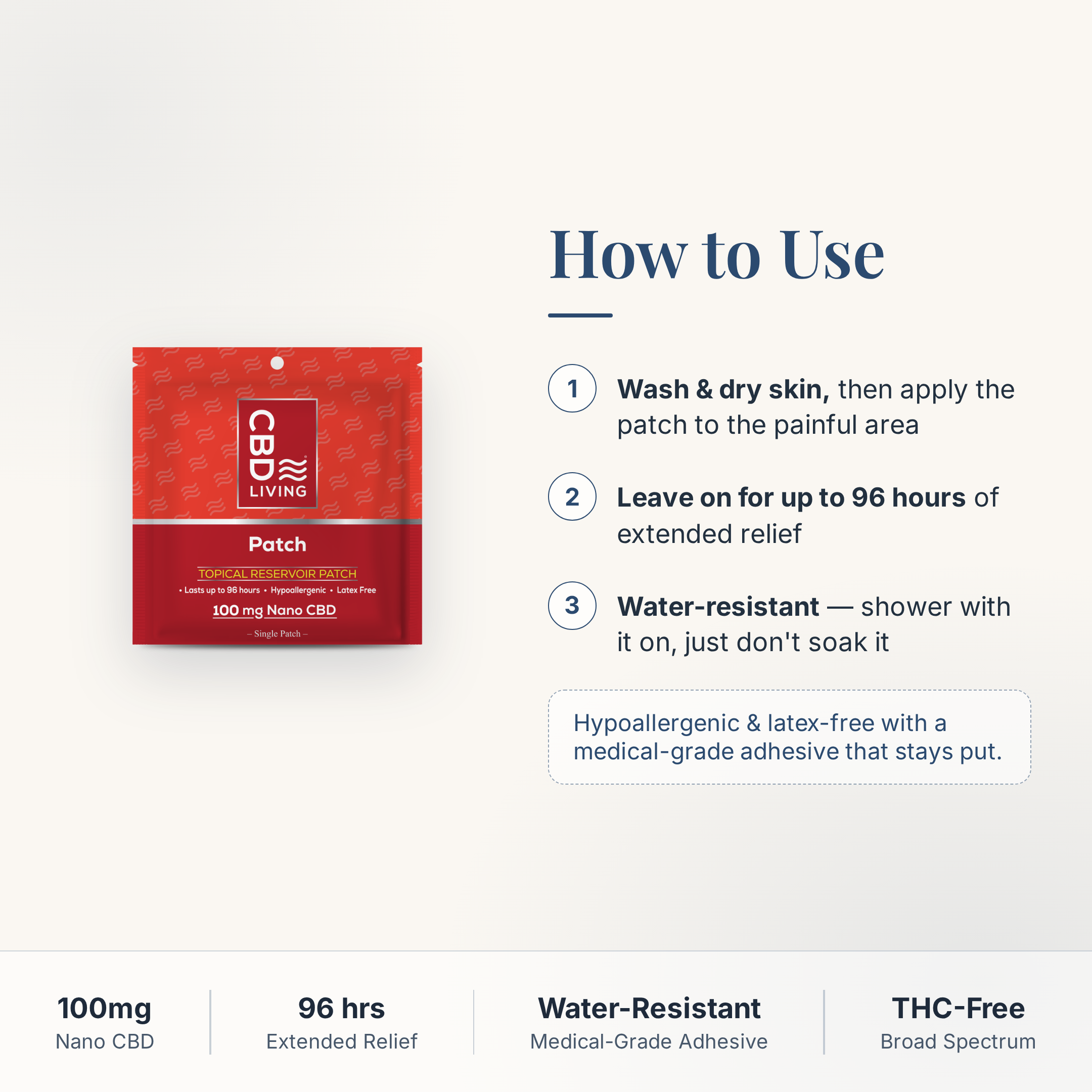 How to use the CBD Living Patch: apply to clean dry skin, wear up to 96 hours, water-resistant medical-grade adhesive