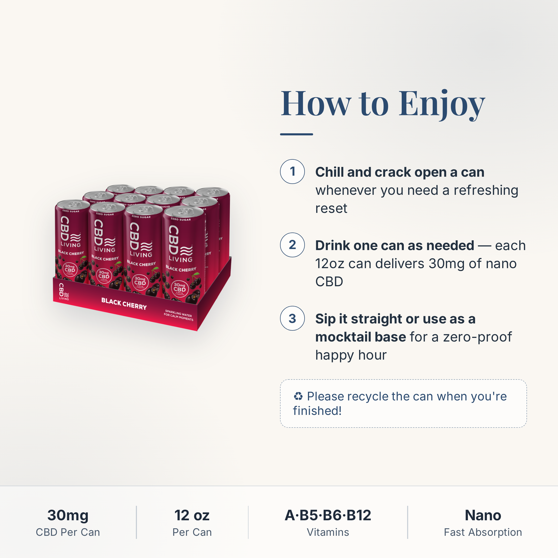CBD Living Sparkling Water Black Cherry how to use card with step-by-step directions