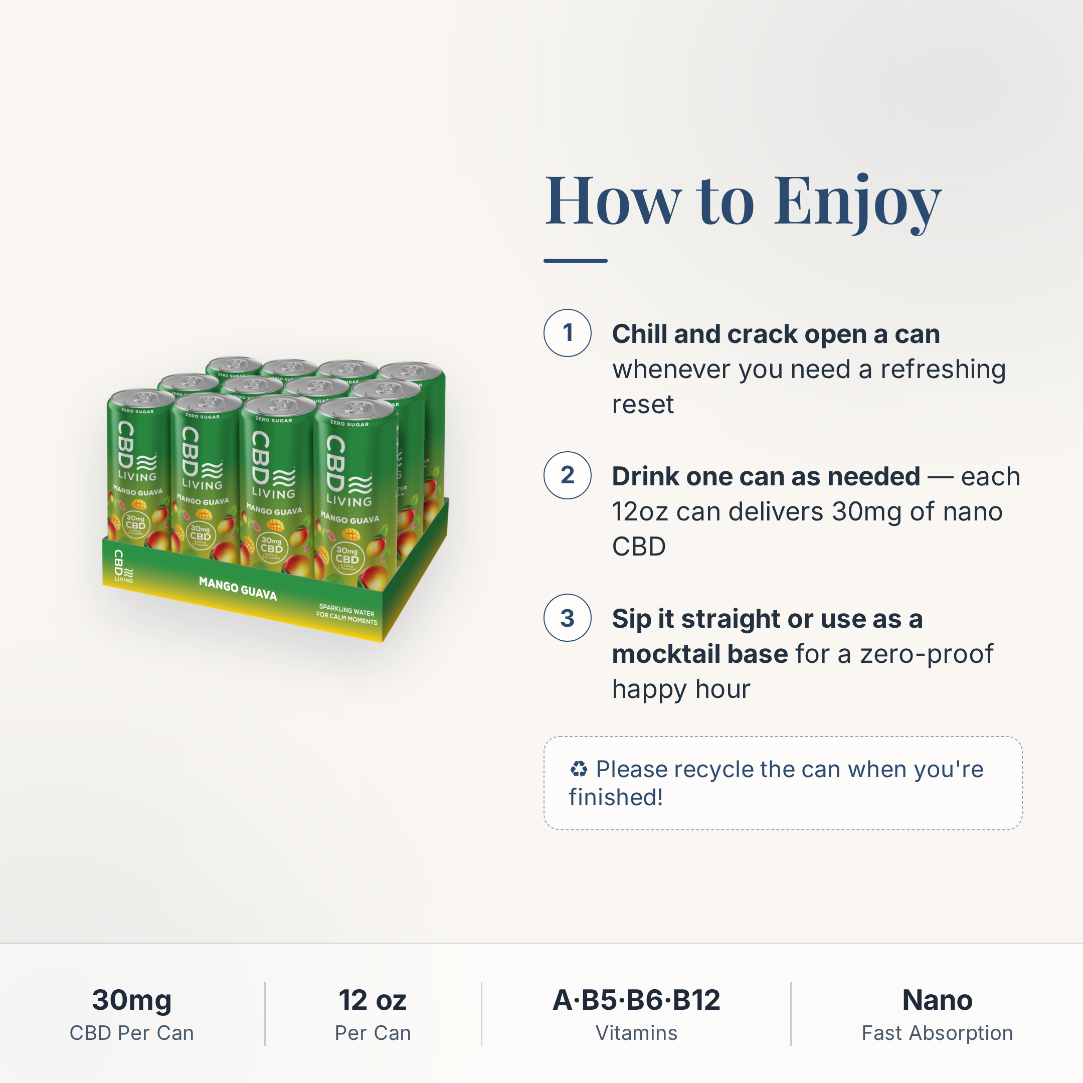 CBD Living Sparkling Water Mango Guava how to use card with step-by-step directions