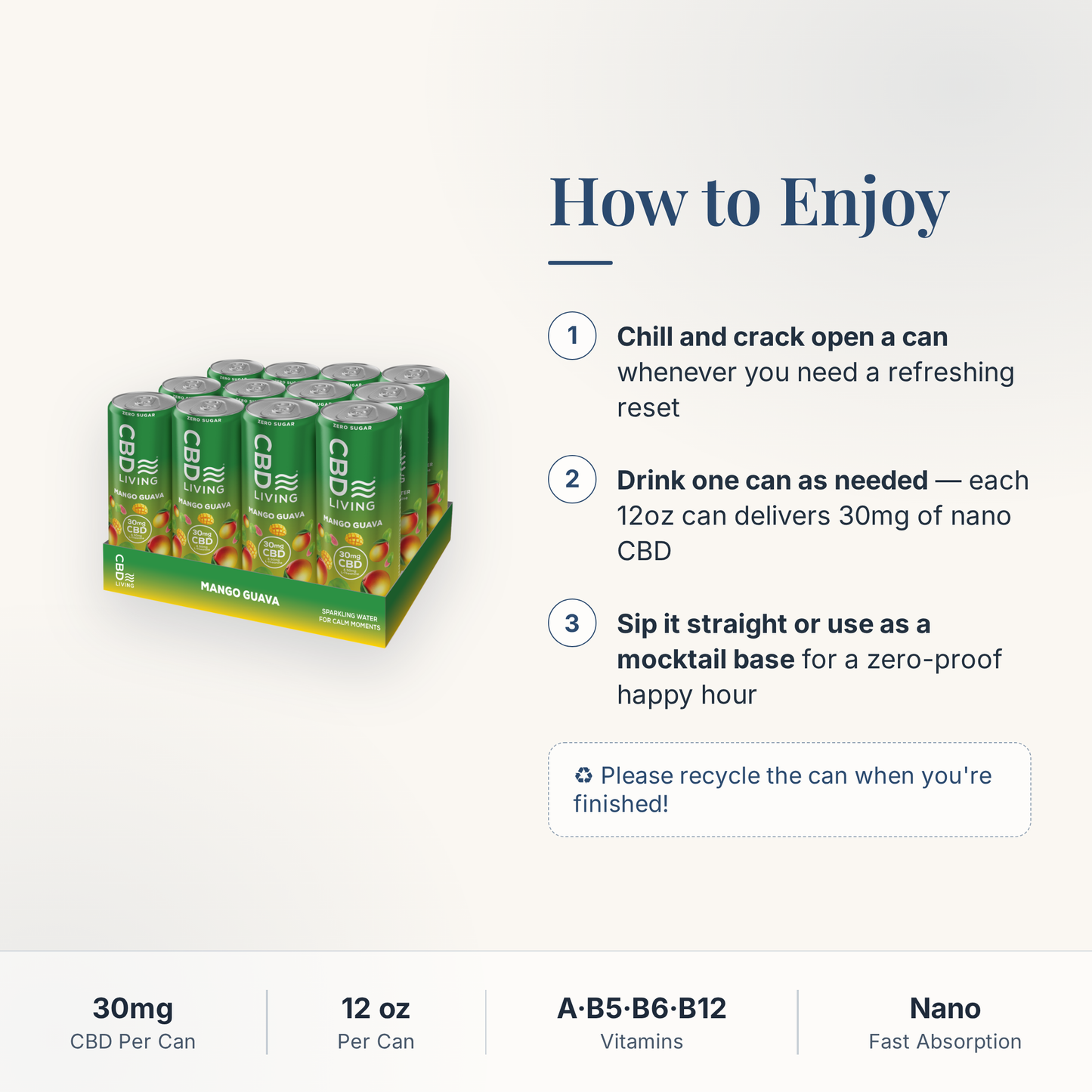 CBD Living Sparkling Water Mango Guava how to use card with step-by-step directions