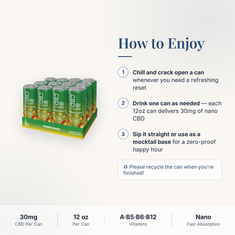 CBD Living Sparkling Water Mango Guava how to use card with step-by-step directions