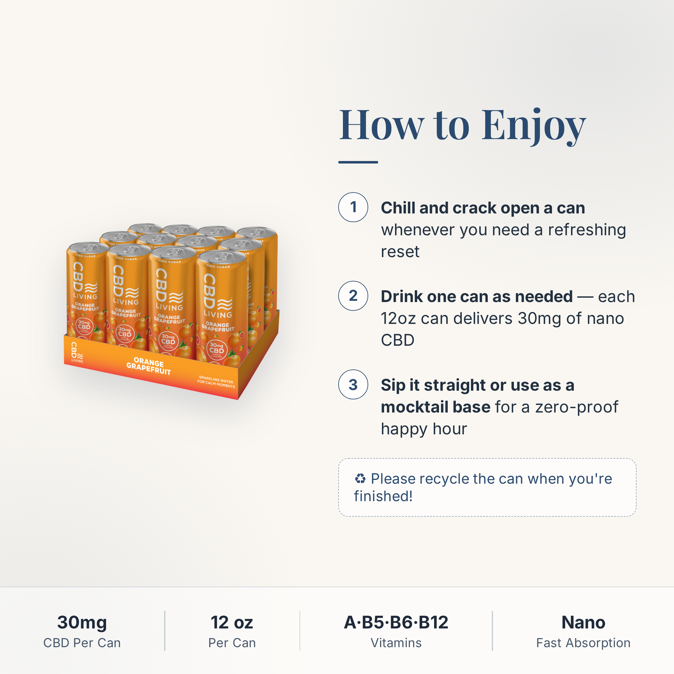 CBD Living Sparkling Water Orange Grapefruit how to use card with step-by-step directions