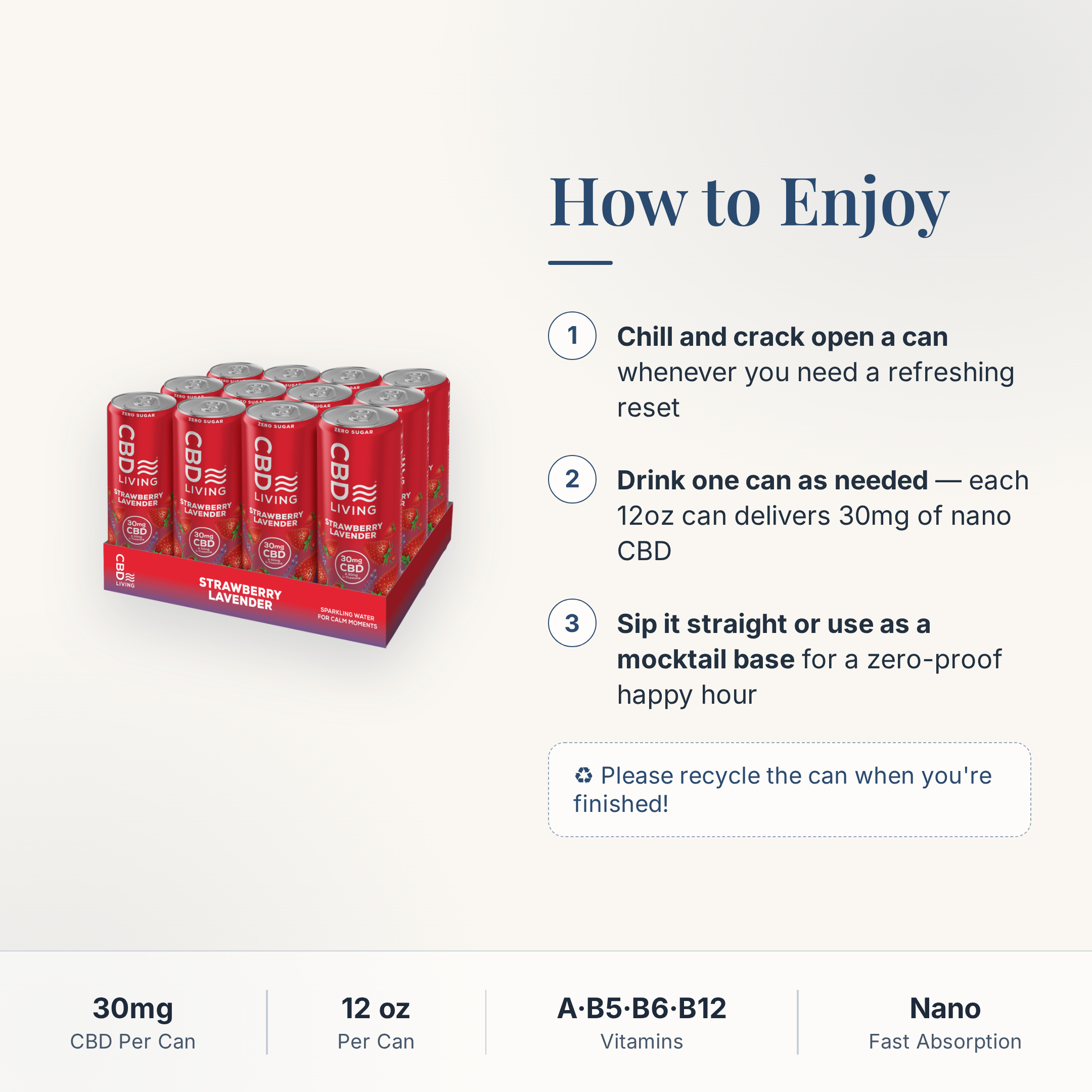 CBD Living Sparkling Water Strawberry Lavender how to use card with step-by-step directions