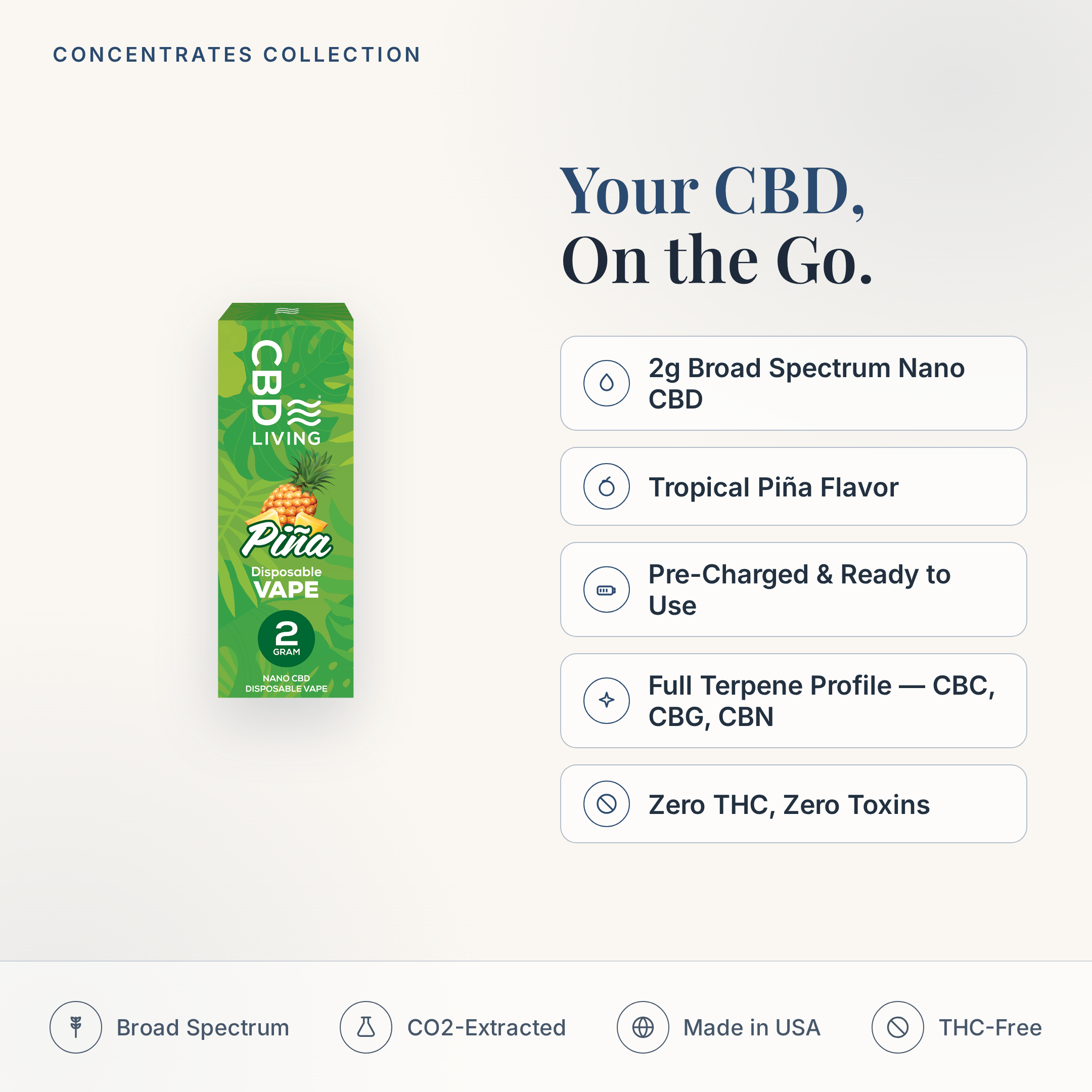 CBD Living Pina Disposable Vape feature card: 2g broad spectrum nano CBD, tropical pina flavor, pre-charged, full terpene profile, zero THC