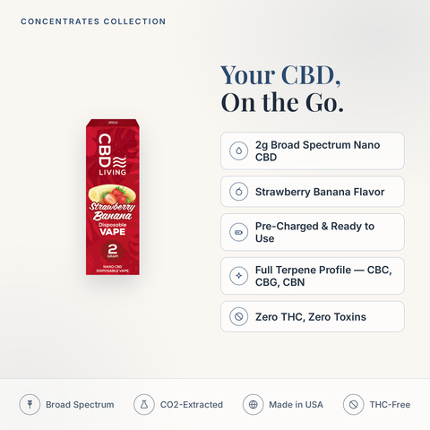 CBD Living Strawberry Banana Disposable Vape feature card: 2g broad spectrum nano CBD, strawberry banana flavor, pre-charged, full terpene profile, zero THC